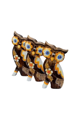 Ahşap Aborjin Üçlü Baykuş Dekoratif Biblo No.2 20 Cm