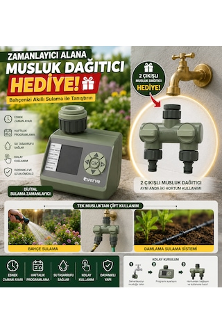 Dijital Bahçe Sulama Zamanlayıcısı + 2 Çıkışlı Musluk Dağıtıcı Hediyeli Otomatik Sulama Programlayıcı