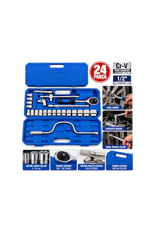 24 Parça 1/2 Inc Dr.socket Set Lokma - Soket - Adaptör - Cırcır Kolu Chrome Vanadıum Metal Çantalı Aklby-bsva58