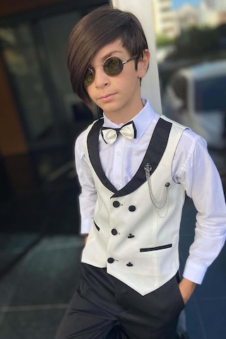 Riccotarz Erkek Çocuk Şal Yaka Düğme Detaylı Beyaz Cepken Yelek Gabardin Gömlek Takım Elbise Beyaz