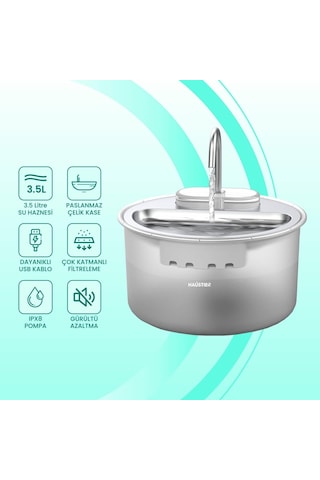 Haustier Wf009ls Otomatik Kedi Su Sebili,kedi Su Çeşmesi, Su Pınarı 3.5lt Geniş Hazne, Çelik Tabla, Ultra Sessiz,