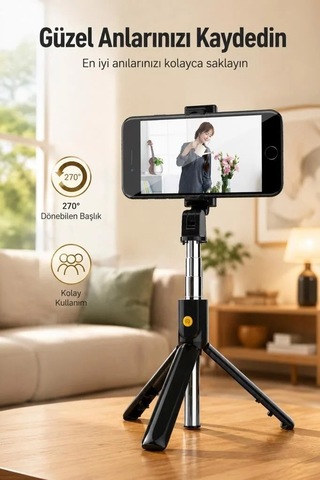 Premium Mobil Araç Çekim Aleti K07 Siyah Tripod Kumandalı Mini Selfie Çubuğu