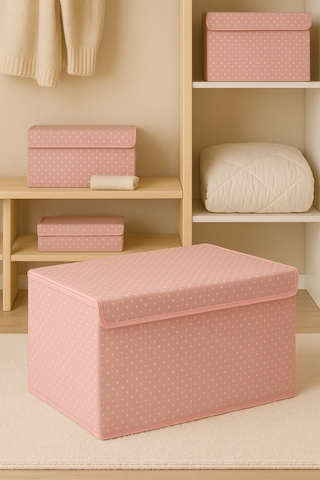 Serstil Orta Boy Kapaklı Kutu Hurç Kıyafet Battaniye Saklama Kutusu Organizer 50x40x30 Cm - Pembe Benekli Pembe Puantiye