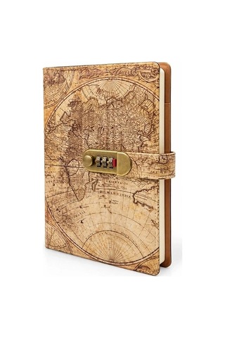 Şifreli Vintage Dünya Haritası Desenli Defter Arkadaş Hediyesi Seyahat Günlüğü Anı Defteri