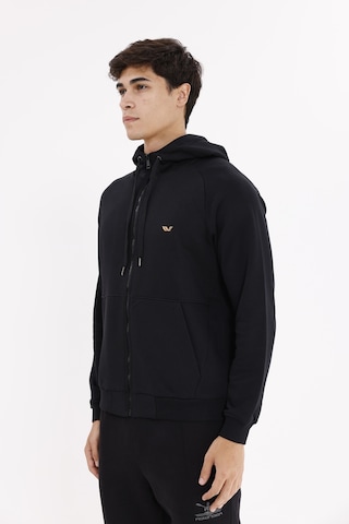 Rowinger Raglan Kol Tam Fermuarlı Kordonlu Kapüşon Kanguru Cepli Süper Koton Rahat Kalıp Kapüşonlu Sweatshirt Black