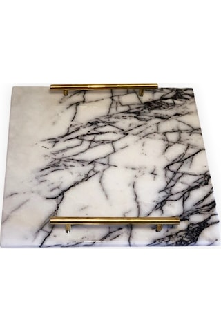 Lux & Marble Storm, Damarlı Beyaz Mermer Pirinç Kulplu Kare Tepsi