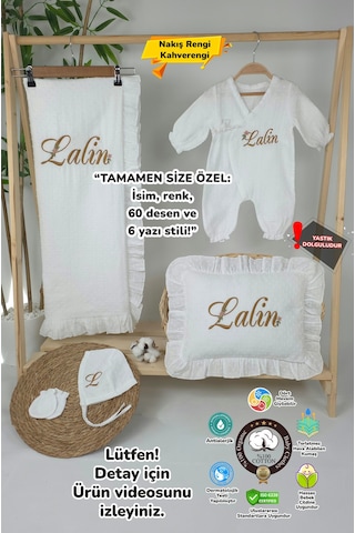 Gros Shop Müslin Yeni Doğan 4katlı Organik %100pamuk Kişiye Özgü Nakışlı Hastane Çıkış Seti-papatya Model1 Beyaz