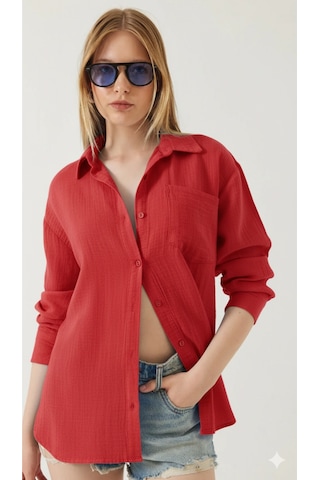 Thiff Gymwear Kadın Oversize Basic Cepli Müslin Gömlek Kırmızı