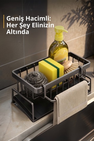 Mutfak Evye Üstü Tezgah Organizer Plastik Süngerlik Sabunluk Bez Askılı Tepsili Düzenleyici Siyah