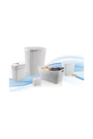 5 Parça Örgü Desenli Plastik Banyo Seti Çamaşır Sepeti Deterjanlık Çöp Kovası Klozet Fırçası - Gri Renkli