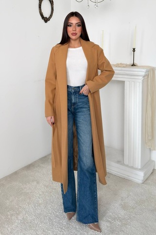 Alemdarshop Camel Kuşaklı Midi Kaban