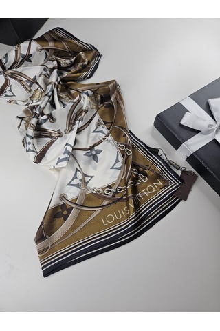 Miorel Scarfs Yeni Sezon Lv Kemer Desen Vual İpek Şal Yeni Sezon Silk Scarfs Shawl Hijab Fular Krem-Bej
