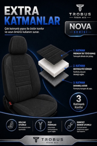 Nova Serisi Tay Tüyü Bel Destekli Siyah Premium Üniversal Koltuk Kılıfı Tam Set