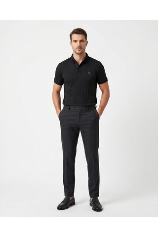 Özeniş Erkek Polo Yaka Slim Fit Çizgili Desen Kaşkorse T-shirt Siyah