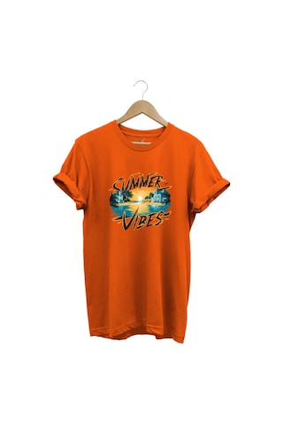 Summer Vibes Baskılı Yazlık Tatil Deniz %100 Pamuk Regular Fit Bisiklet Yaka Turuncu T-shirt Turuncu