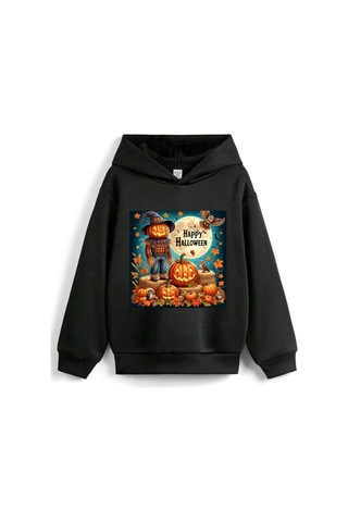 Stil X Halloween - Cadılar Bayramı Baskılı, Kapüşonlu Çocuk Sweatshırt, 3 İplik Şardonlu Siyah-7
