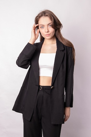 Kadın Baharlık Kumaş Rahat Kesim Yakalı Cepli Kolu Katlamalı Boyfriend Blazer Ceket-siyah Siyah