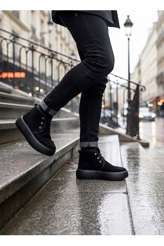 Ba0550 İçi Kürklü Bağcıklı Siyah Taban Erkek Tarz Spor Bot Siyah