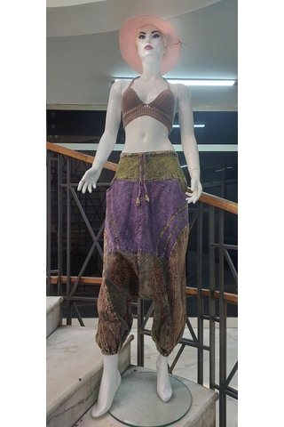 Bohem Stil Hint Otantik Yıkamalı Taşlanmış Patchwork Unisex Şalvar Pantolon-9188 Haki