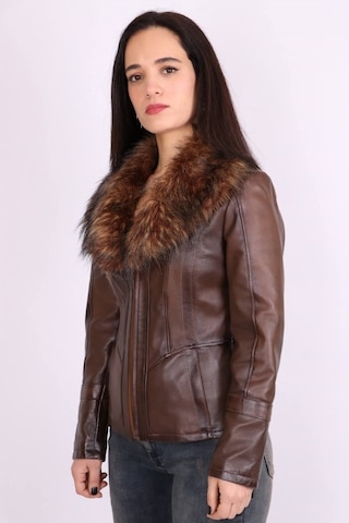Kahverengi Hakiki Deri Çıkarılabilir Kürk Yakalı Mont Kaban