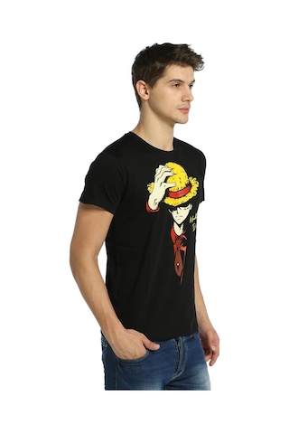 Bant Giyim - One Piece Monkey D. Luffy Siyah Erkek T-shirt Tişört Siyah