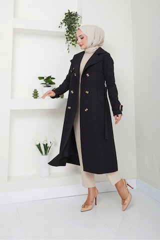Pamuklu Bondit Kumaş Trençkot / M0105 - Siyah Siyah