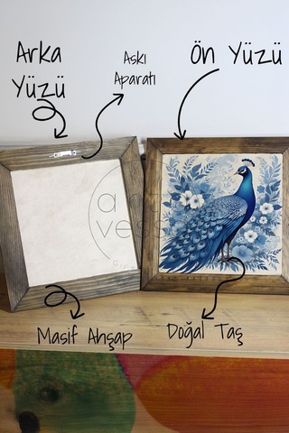 Artavessa Masif Ahşap Çerçeveli Taş Tablo Pano 16 x 16 cm - Tavus Kuşu 1