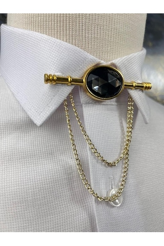 Siyah Taşlı Gold Zincir Detay Yaka Iğnesi Siyah