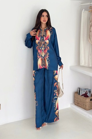 Saten Kumaş Desenli Takım Lacivert Lacivert