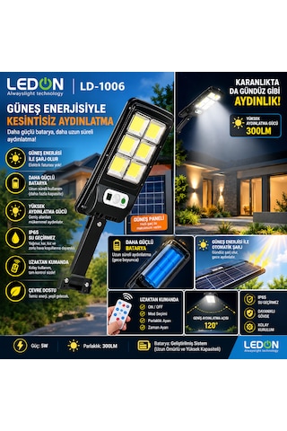 Ledon Ld-1006 Solar Sensörlü Kumandalı Güçlü Dış Mekan Bahçe Aydınlatması