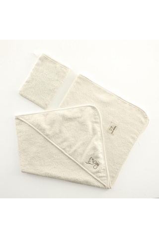Bambu Antibakteriyel Bebek Nakışlı Havlu Kundak 75x75 Ve Kese Krem