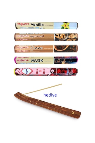 5 Paket 20 Çubuklu Tütsü Vanilla - Musk - Clove - Wood - Redrose - Kayık Hediyeli