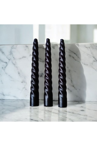 Denic 3 lü Siyah İtalyan Burgulu Şamdan Mum Kıvrımlı Mum