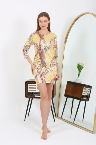 Modi Moda Çizgi Kadın Micro Kumaş Mini Parlak Elbise 7421 Sarı