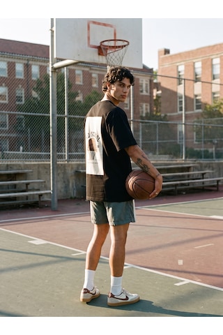 Black Nova Oversize Baskılı Unisex Tişört Basketball 86 Black Siyah