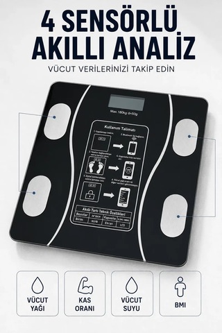 Bluetooth Akıllı Tartı 180 Kg Kapasiteli Vücut Yağ Kas Su Bmı İzli Cam Baskül