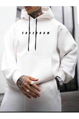 Unisex Oversize Beyaz Brooklyn Freedom Baskılı Sweatshirt Kapüşonlu Hoodie Beyaz