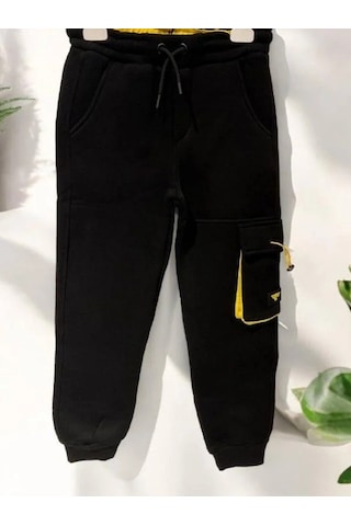 Çocuk 3 İplik Şardonlu Renkli Cepli Kargo Eşofman Alt-14705 Siyah
