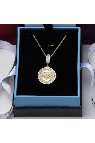 Güneş Göz Model Markiz Zirkon Taş Detaylı Gold Rengi 925 Ayar Gümüş Kadın Kolye Gold