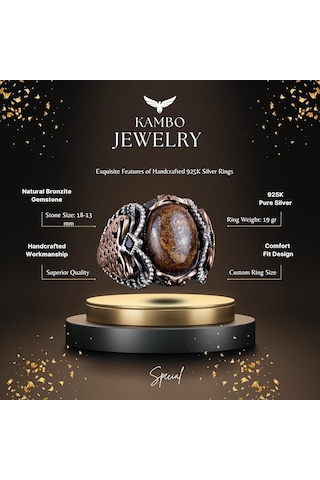 El Yapımı Gerçek Doğal Bronzit Taş Yüzük, 925 Ayar Katı Gümüş Erkek Yüzüğü Gümüş