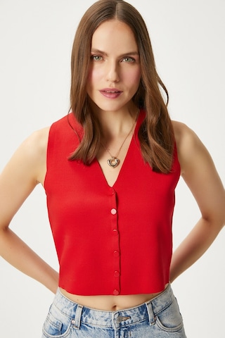 Ritnice Kadın Petite Çıtçıtlı Crop Kırmızı Triko Yelek Kırmızı