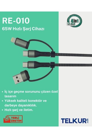 Ferro Re-10 Reshurk 4in1 Usb-c & Type-c - Type-c & Lightıng Hızlı Şarj - Hasır Kablo 65w