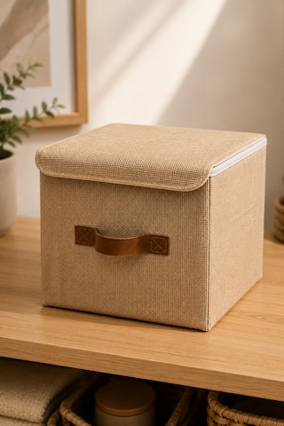 Kapaklı Jüt Saklama Kutusu 25x25x25 Cm Katlanabilir Dolap Düzenleyici Raf Organizer Doğal