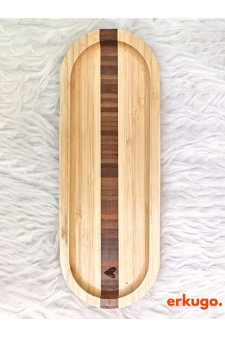 2 Adet Bambu Kalp Desenli Oval Servis Tabağı, Sunum Tabağı 25,5 X 9,5 Cm Bambu