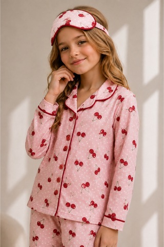 Beka Kids Desenli Uzun Kollu Önden Düğmeli Gömlek Yaka Kız Çocuk Pijama Takımı Ve Göz Bandı Kırmızı