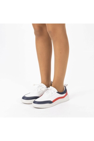 Twoegoist Kadın Hakiki Deri Spor Ayakkabı / Sneakers Beyaz - Lacivert - Kırmızı