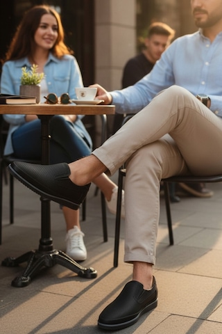 Enoch Hakiki Deri Siyah Lazer Kesim Detaylı Erkek Comfort Loafer Siyah