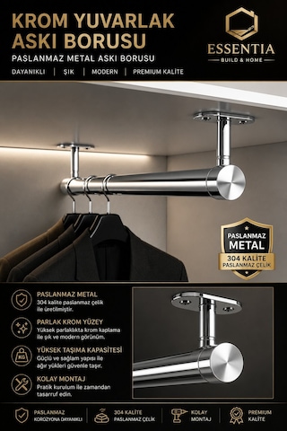 Krom Yuvarlak Askı Borusu Seti 59,5 Cm Paslanmaz Metal Dolap İçi Elbise Askılık Sistemi Çoklu Renk