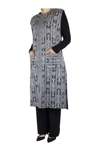 Önü Fermuarlı Desenli Cepli Kalın Kışlık Yelek Gri