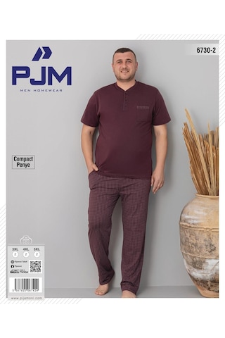 Pijamoni Erkek Battal Düğme Yaka Penye Kısa Kol Pijama Takımı 6730/2 - 1 Adet Vişne Çürüğü